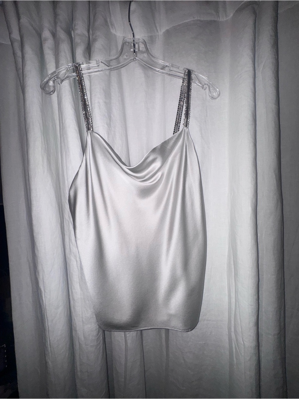 Cami NY. Silver/light gray Satin Drape Neck Camisole with Embellished Straps-M